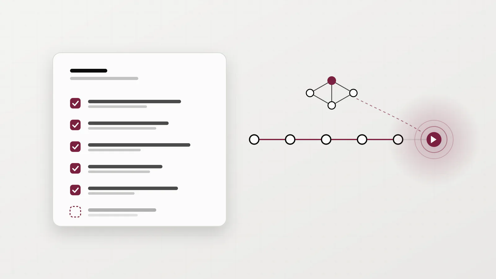 A pre-launch checklist with five items ticked, beside a six-step track leading to a glowing go-live point